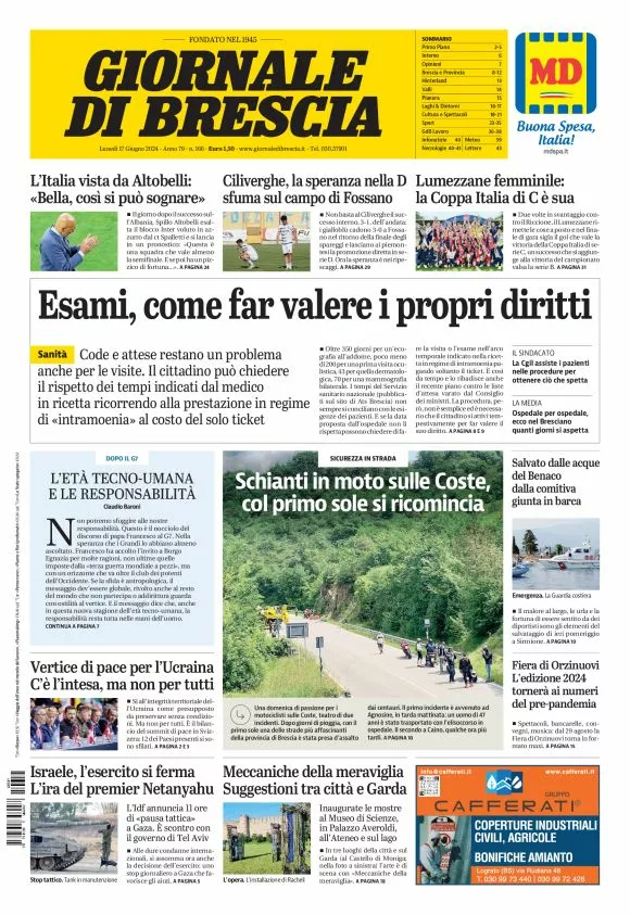 Prima-pagina-giornale di brescia-oggi-edizione-del-2024-06-17